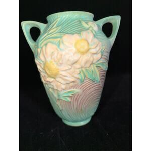 Roseville Cosmos 338 Double Handle Vase  8.5” Turquoise  c.1946